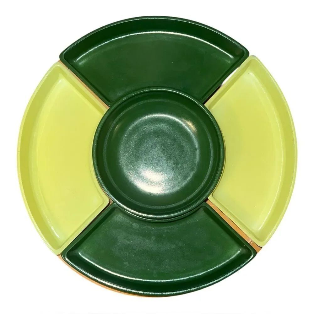 Over & Back Options Lazy Susan 6 Piece Set Acacia Green Yellow MCM EUC